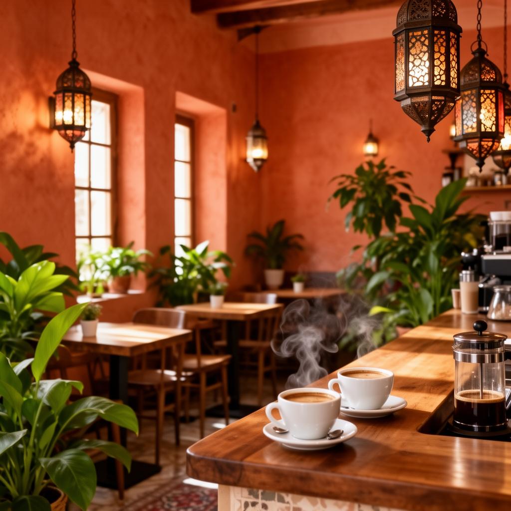 Cincy Cafe warm interior with ornate lanterns and steaming coffee